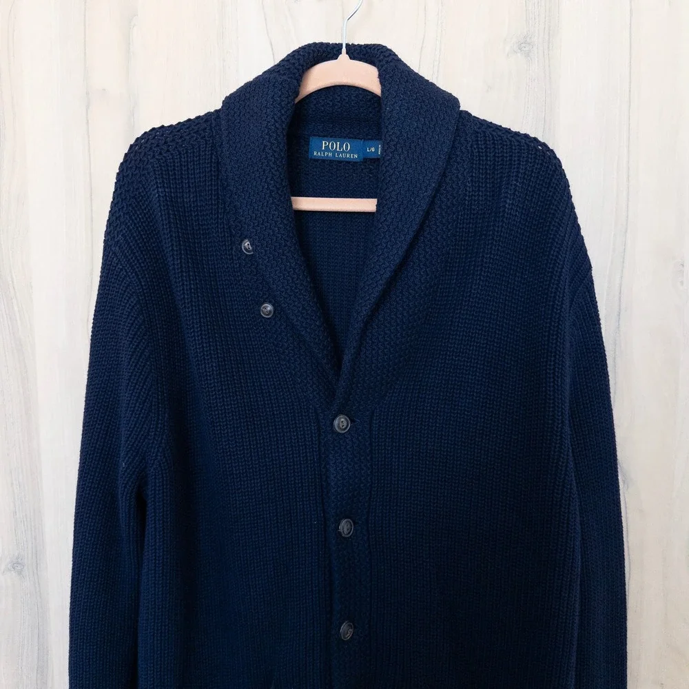 Polo Ralph Lauren Men Cardigan Large Navy Shawl Collar Heavy Fisherman Old Money